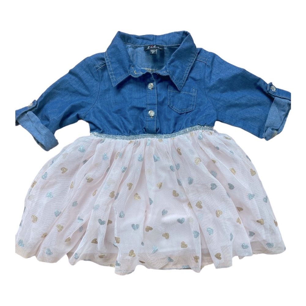 LILT Denim and Tulle Dress with Hearts Size 3T